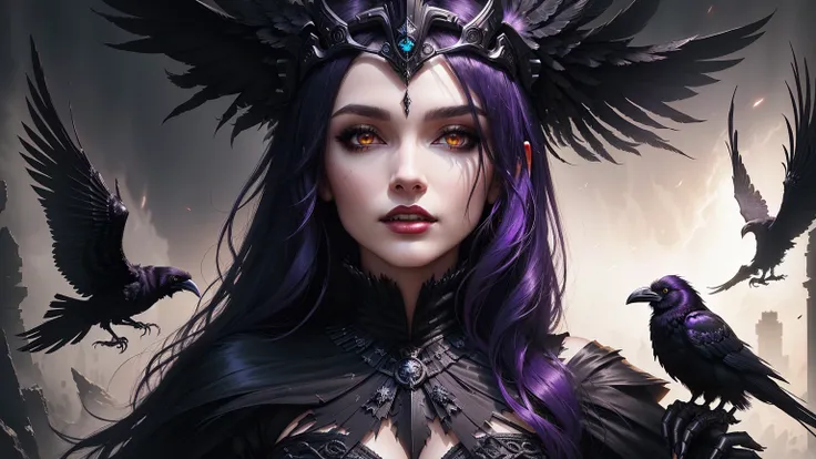 sci-fi, there is a woman with a crown of feathers and a raven, gothic maiden of the dark, goddess of the underworld, queen of the underworld, dancer of the underworld, seductive cyberpunk dark fantasy, raven, the order of the burning shadow, stunning fanta...