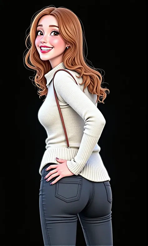 beautiful woman with soft face, huge butt, butt inflation, black formal office pants, hand on butt pose, smiling, knitted button collared sweater, long red hair, perfect teeth, cinematic lighting, hyper realistic, 8k hd resolution, highly detailed, photore...