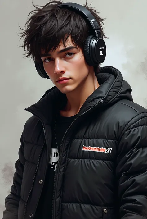 I want a guy with a black jacket and headphones who is all gamer with brown or dark hair in the middle of the jacket it should say maximuntnine27 with the twitch logo 