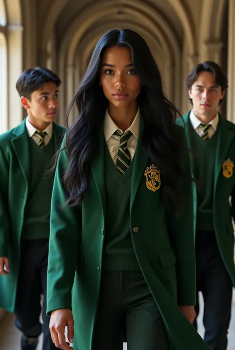 A woman with brown skin, black long hair wearing a Hufflepuff uniform walking by three men wearing slytherin uniform