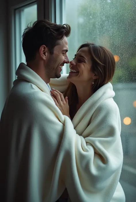 Couple covered with a white blanket, laughing on a rainy day. Hyperrealistic image with a lens aperture of 1.4 at a focal length of 35 mm