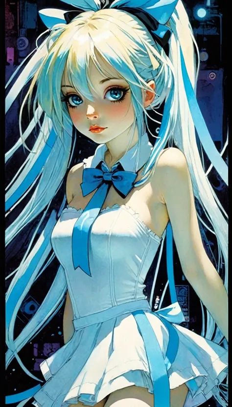 Image resolution 1024px Alice ribbon light blue white, light line, image resolution 1024px, Kawaii, cute, long hair, pretty, anime, sexy, pastel, neon, art inspired by Bill Sienkiewicz and Dave Mckean
