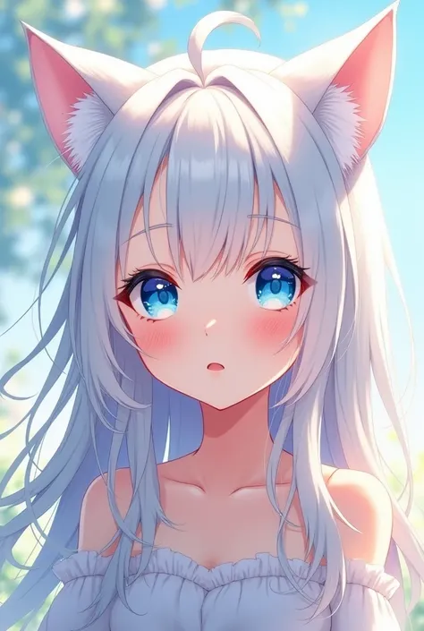 cute anime teen girl with white hair and blue eyes with cat ears and no human ears