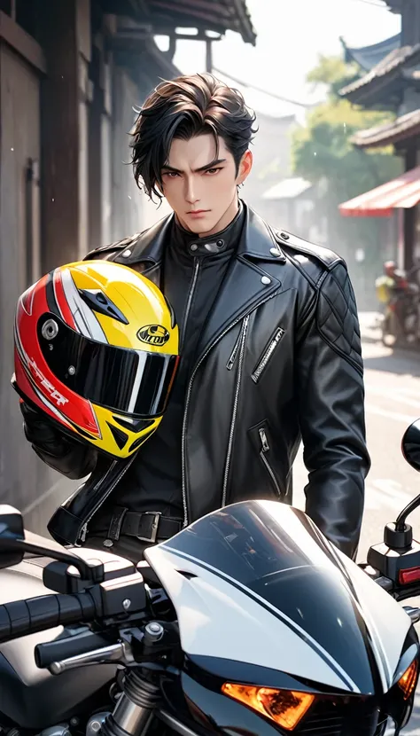 Handsome male motorcyclist wearing black leather jacket.Domineering temperament,Full of confidence and dignity.Cold and indifferent expression,Exuding an aura of inviolability。Stand next to the motorcycle.Holding a racing hat handsomely showing off his out...