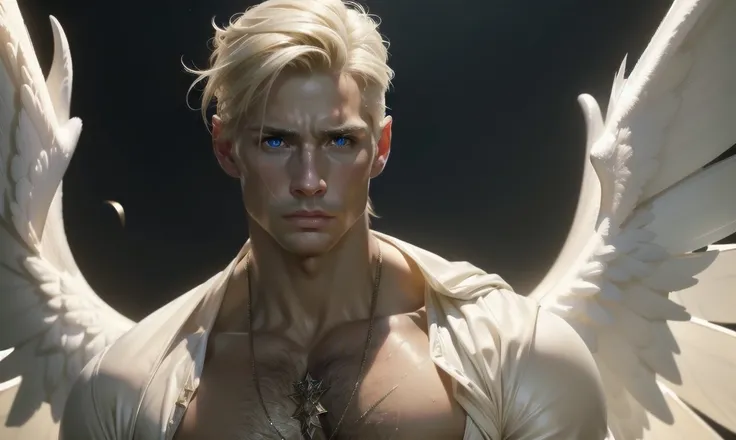 [((highly detailed, detailed eyes, detailed face, clear and realistic facial features, photorealistic, realistic light, cinematic)), (1 man), (((((Gorgeous perfect sexy powerful masculine male angel))))), (((two grand white wings coming from his back))), (...