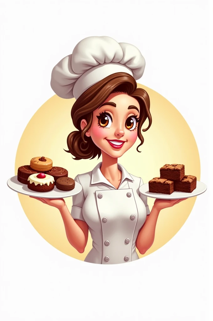 Create a logo with the title of "Pastry Bliss" with a pastry chef with brownies and cookies in her hands