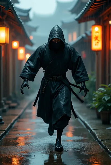 A Japanese man playing ninja in the rainy weather