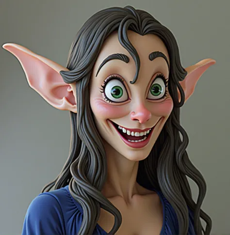 a detailed sexy evil witch with a big nose, long pointy ears, big forehead, long hair tucked behind long pointy ears, raised eyebrows, perfect teeth, wearing a blue dress, evil laugh, cinematic lighting, hyper realistic, 8k hd resolution, highly detailed, ...