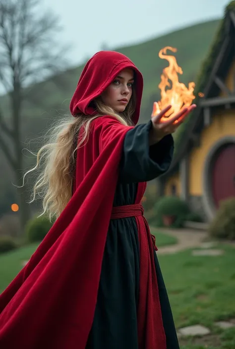 a masterpiece photograph of a twenty-five-year-old magician girl combining Peruvian Nigerian and Finnish features with the eyes of Luna Lovegood and the face shape of Mia Wasikowska, dressed in a red and black magic robe with a hood, makes a fireball in a ...