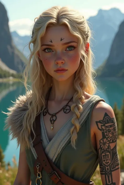 Realistic 14 year old viking girl, Nordic tattoos, light clothing