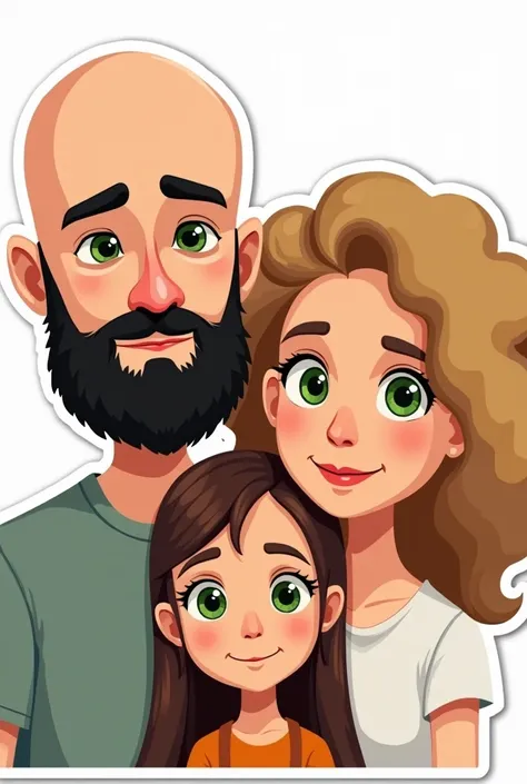 A family, A white man, Cao Cao, almost bald, black beard, greeneyes, next to a white woman de greeneyes com o cabelo castanho-acobreado, straight and without bangs parted in the middle, next to a white woman, greeneyes, curly and blonde hair, illustration ...