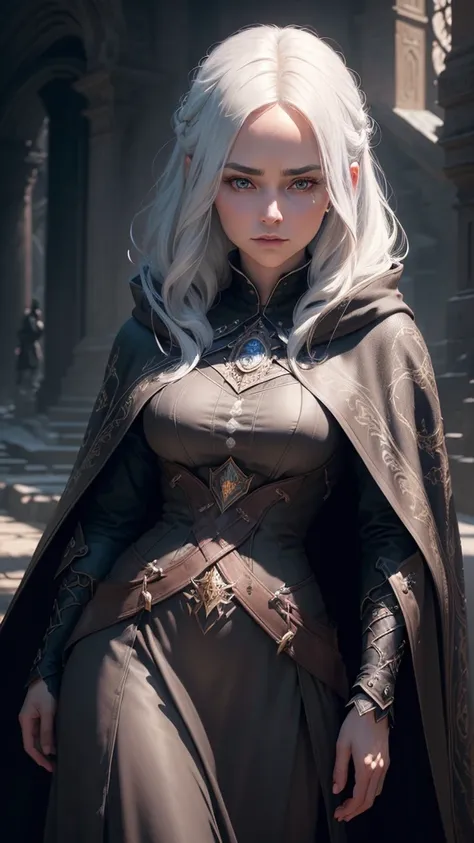 a beautiful detailed portrait of an ambitious and adventurous female mage with medium-length white hair, dark eyes, wearing a dark cloak and clothing, (best quality,4k,8k,highres,masterpiece:1.2),ultra-detailed,(realistic,photorealistic,photo-realistic:1.3...