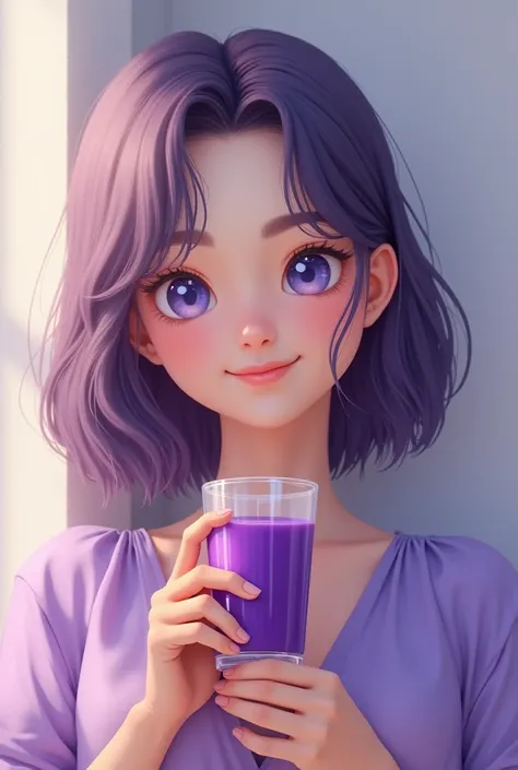 A young woman of about , that transmits happiness, white, blue eyes straight purple hair parted on the side of the head , decently dressed in a purple blouse, holding a glass of acai