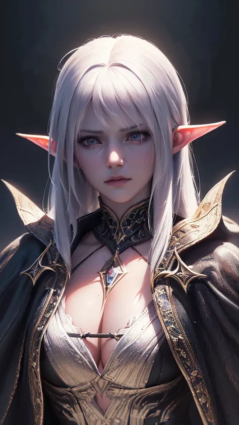 1 ambitious female mage, detailed portrait, medium length white hair, dark eyes, dark cloak and clothes, ((best quality,4k,8k,highres,masterpiece:1.2),ultra-detailed,(realistic,photorealistic,photo-realistic:1.37)), intricate details, chiaroscuro lighting,...