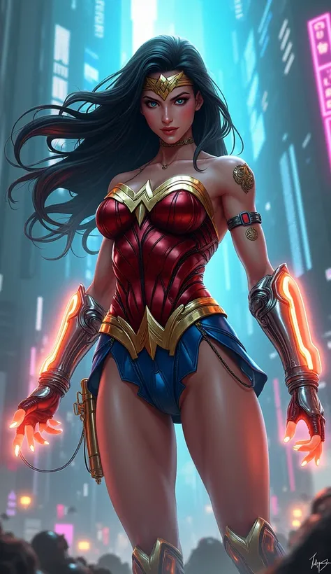 anime, realistic, sci-fi, fantasy, wonder woman in cyberpunk 2077 world, mechanical arm, visible cybernetics on face, high-tech connected to body, glowing arm protectors, full body shot, dynamic action shot, big neon in background with text :"Wonder Woman"