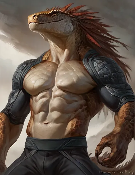 a ferocious male lizardfolk druid, muscular detailed body, masculine pose, tall topless, bodysuit, comic book style illustration, best quality, 4k, ultra-detailed, realistic, by laobai, by taran fiddler, by honovy