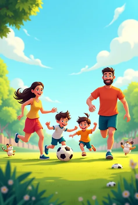 Family playing soccer and running cartoon 

