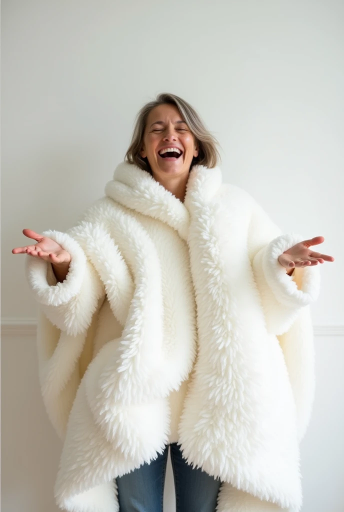 person holding a white textured blanket and hands up, laughing. hyperrealistic image with a lens aperture of 1.4 at a focal length of 35 mm