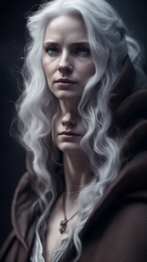 1 ambitious female mage, detailed portrait, medium length white hair, dark eyes, dark cloak and clothes, ((best quality,4k,8k,highres,masterpiece:1.2),ultra-detailed,(realistic,photorealistic,photo-realistic:1.37)), intricate details, chiaroscuro lighting,...