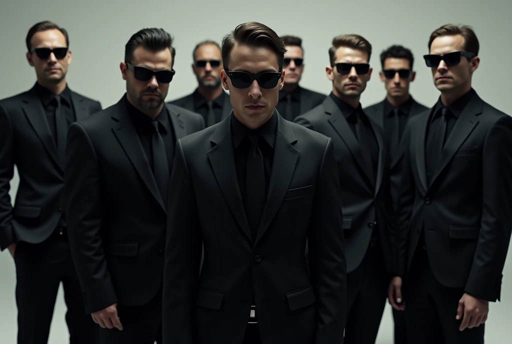 A group of people wearing black suits and black sunglasses are looking straight at me.。