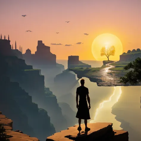 there is a man standing on a cliff overlooking a river that leads to a glowing sphere like tree which is almost like a sun & the only light source that is lighting up the entire scene in the evening, with old ruins like cliffs on his left. 