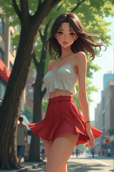 A girl in a miniskirt stands on the street near a tree