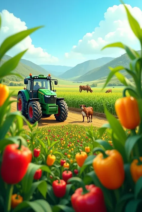 A beautiful field of corn and peppers, with cattle and a green tractor