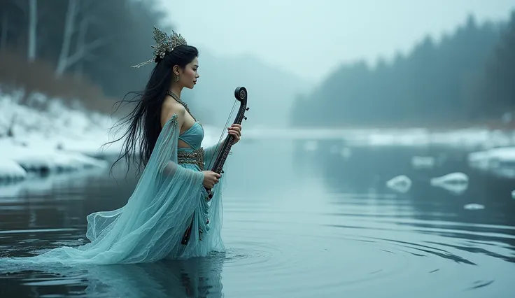 A goddess named Kinnara, half woman and half bird, floating out of the waters of an almost frozen river with his stringed instrument. The scene is almost frozen, and she is in the foreground. In a very dramatic oriental aesthetic.