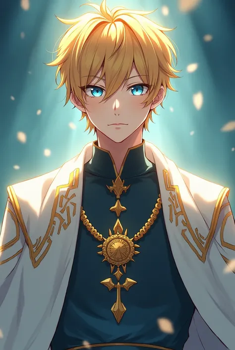 Goldhaariger Mann, short hairs, in priestly robe, sea blue eyes, Anime Style