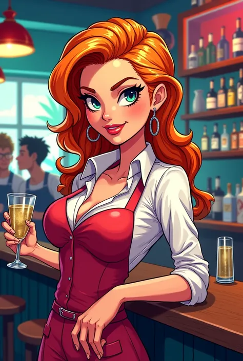 an orange-haired girl bartender comic style