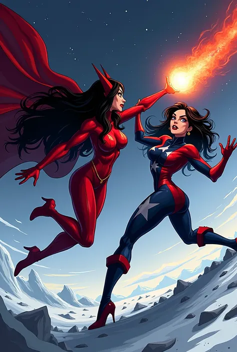 Generates Raven from Teen Titans in red colors and a heroine, with laughter, glasses, parts, with long black hair, con los blue eyes y morena, They will be on the moon fighting Russian Villain. dressed in red, With horns, Red eyes, woman with a nice body, ...