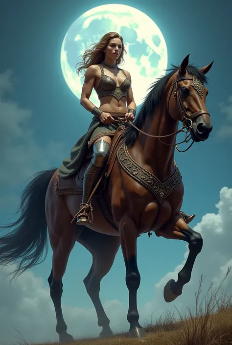 arafed woman riding a horse with a full moon in the background, an illustration of inspired by Greg Hildebrandt, trending on Artstation, fantasy art, muscular! fantasy, muscular warrior women, karol bak uhd, he-man rides the battle cat, muscular ultraviole...