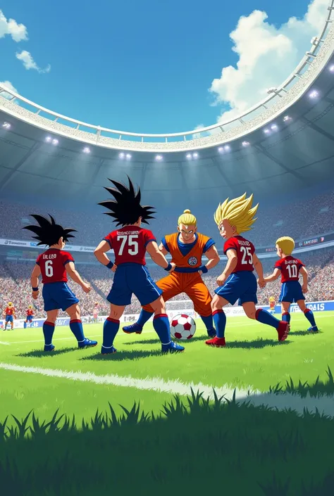 Le parc des princes avec tous les personnages de dragon ball z qui portent le maillot du paris saint germain avec le numéro 75 avec le logo ULTRA
