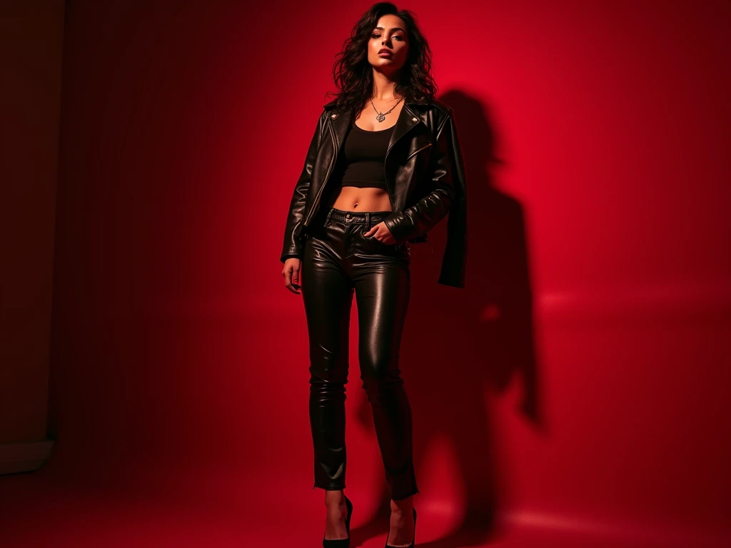 film photo, documentary drama portrait, a woman in high heels and leather jeans and t-shirt and biker jacket, heels,  sexy posing, seductive posing, red light,