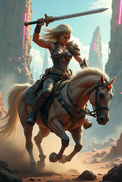 arafed woman riding a horse with a sword in her hand, muscular warrior women, muscular ultraviolent woman, muscular girl, muscular! fantasy, muscled, feminine and muscular, muscular!! sci-fi, muscle, muscular!!, massive muscles, muscular!, bursting with mu...