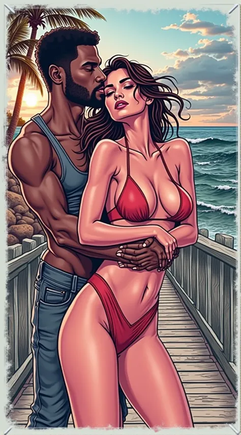 generate an action scene where a couple of lovers (a handsome black man and a Latin woman with dark chocolate skin) are on a boardwalk facing the sea, warm colors, be creative and achieve a book cover image
