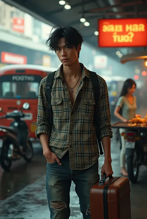 High-definition virtual image of a handsome Thai man with messy hair, not smiling, looking lonely, wearing a plaid shirt and ripped jeans, carrying a suitcase at the bus station. There are buses, rickshaws, motorcycles, and a beautiful female vendor offeri...