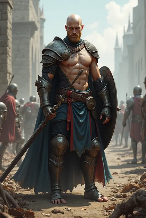 Male knight, medieval, damage armor, big shield and lance, blue eyes, bald, blonde short beard, young, realistic art, shirtless, barefeet