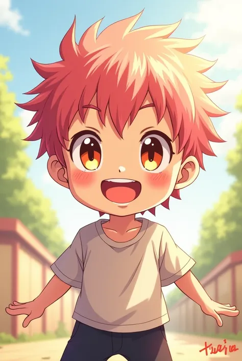 young boy, Smile, Itadori Yuji, brown eyes, pink hair, short hair, anime style jujutsu kaisen. Pregnant six months