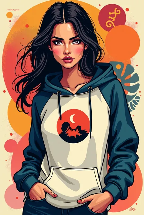 Create a cool pop poster of a women clothing brand name Zenmuse, with woman wearing zen inspired hoodie