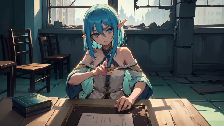 Create an anime and light novel style image of a grand, dilapidated castle room with a worn wooden table in the center. Seated at the table are Aslan, a young male elf with white hair partially covering her eyes and a {slender physique}, and Elizabeth, a t...