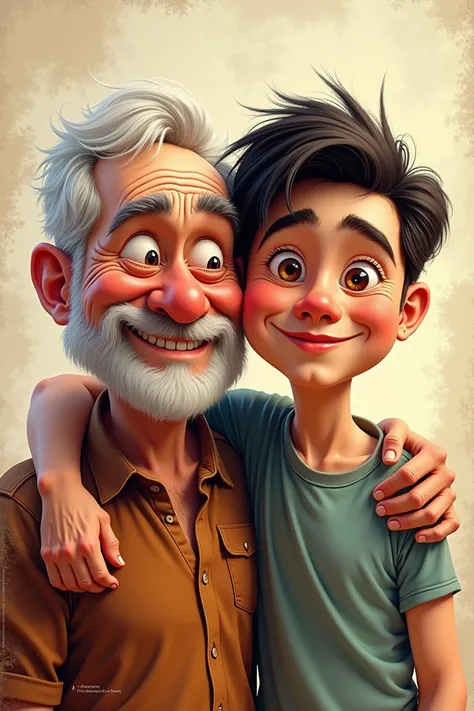 Create high resolution image of 60 year old man father and happy dark haired son in surrealist abstract drawing style in the form of artistic canvas and pixar