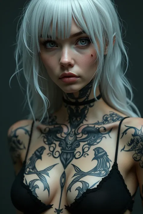 a close up of a woman with tattoos on her chest, 8k high quality detailed art, deviantart artstation cgscosiety, trending on artstation hd, seductive cyberpunk dark fantasy, cyberpunk art ultrarealistic 8k, cyberpunk 2 0 y. o model girl, trending on artsta...