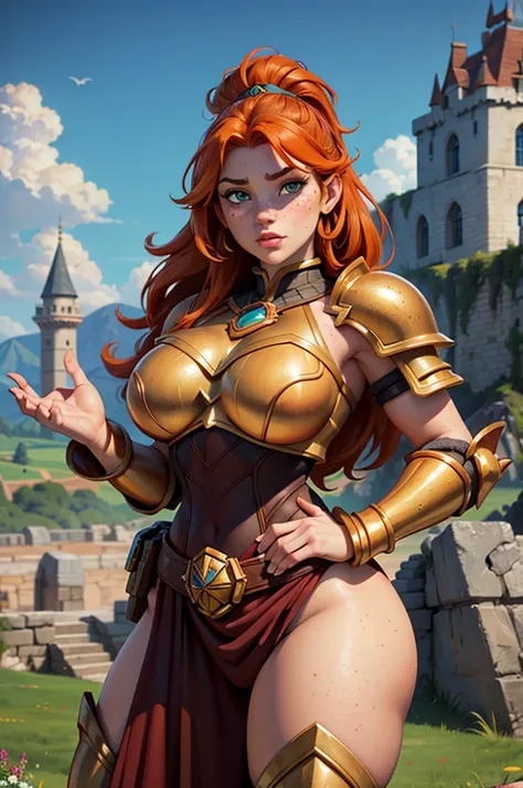 Close up of Dwarven woman, orange hair, maroon armor with gold trim, heavy armor, chubby cheeks, green eyes, freckles on cheeks, freckles on legs, freckles on top of breasts,
Castle ruins background,  large broken stones litter the area.  Show her standing...