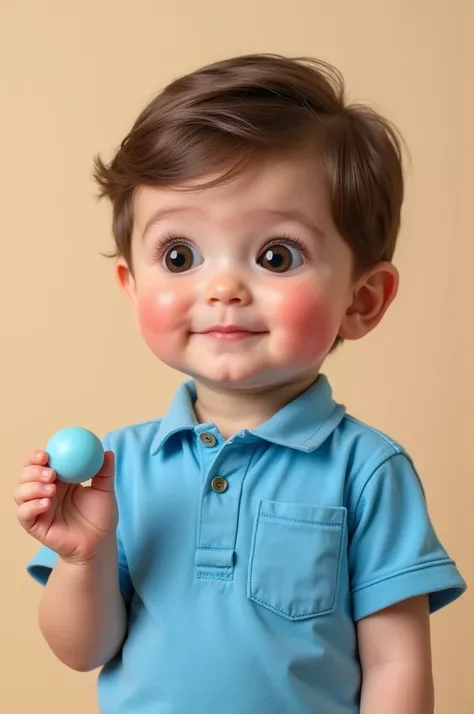 Chubby child with a blue shirt and a pastel in his left hand 