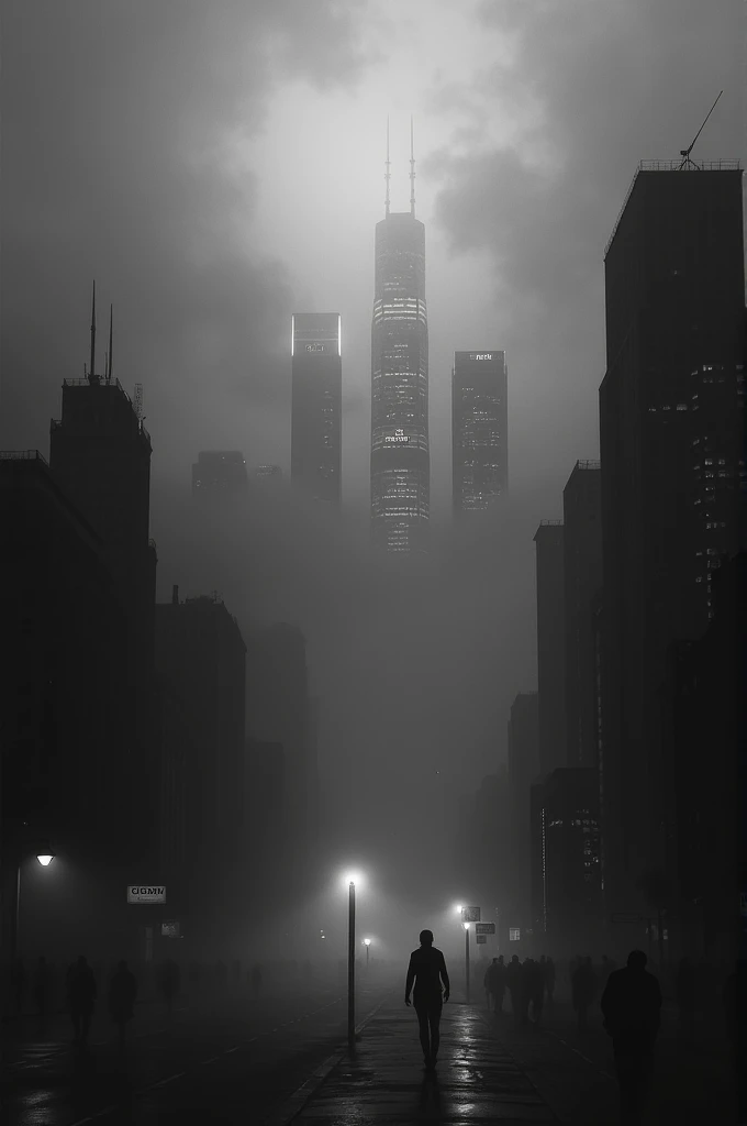 a black and white image, Darkening, of a city in the fog