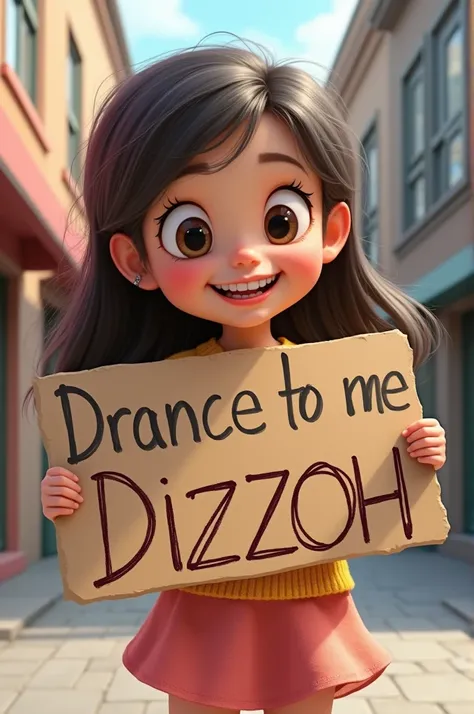 Young girls holds up a board with the word (I love Dizzoh) written on it