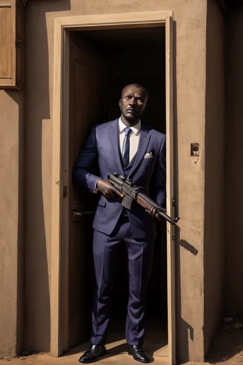 african man with a gun. huddled behind the door. he is wearing a suit. he looks like an intruder.