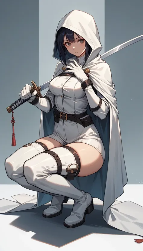 1girl,solo,medium breasts,(thigh gap:1.2),(full body:1.3),ruanyi0111,belt,white bodysuit,thigh boots,white gloves,katana,white cloak,sheathed,squatting,, (masterpiece, best quality, hires, high quality, by professional artist, ultra detailed, extremely det...