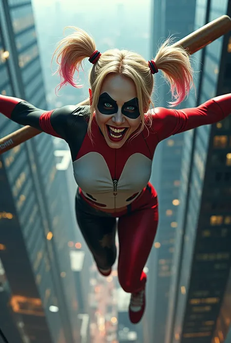 Harley Quinn jumping off a building with her baseball bat 
